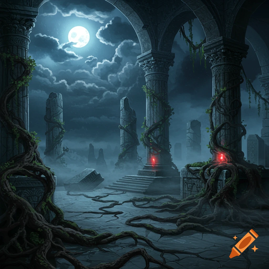 Dark fantasy art of ancient overgrown ruins with glowing red symbols, illuminated by a full moon through stormy clouds.