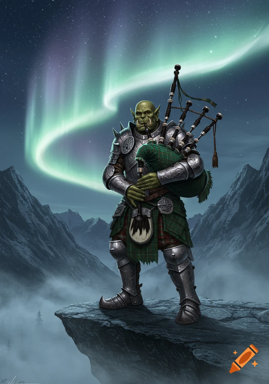A detailed fantasy illustration of an armored orc in a kilt playing bagpipes on a mountain cliff under the green aurora borealis.