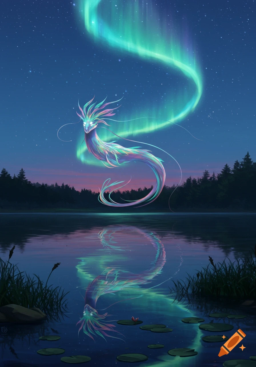 A colorful, glowing spirit creature with feathery fins floats over a lake, reflecting the aurora borealis in the night sky.