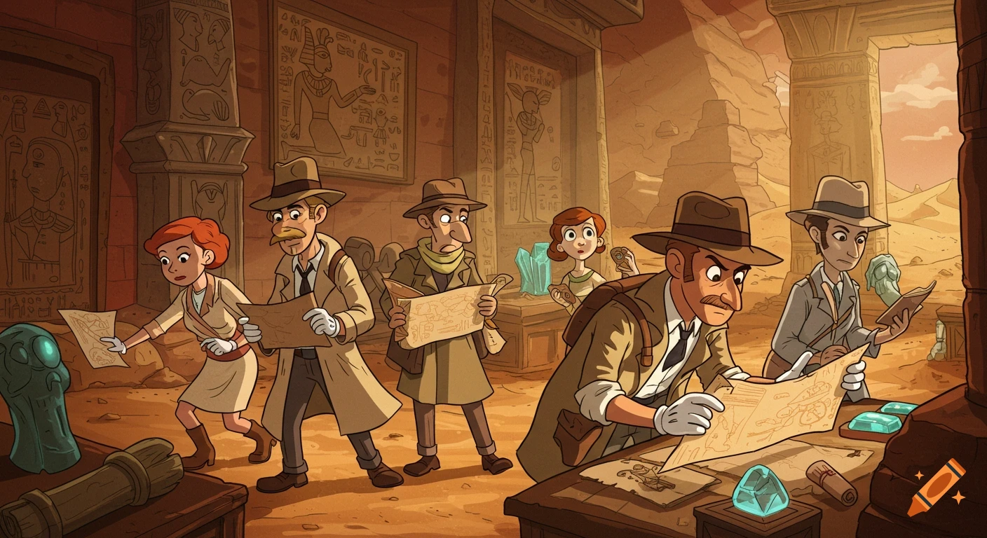 Cartoon archaeologists and explorers examine maps and artifacts in ancient ruins.