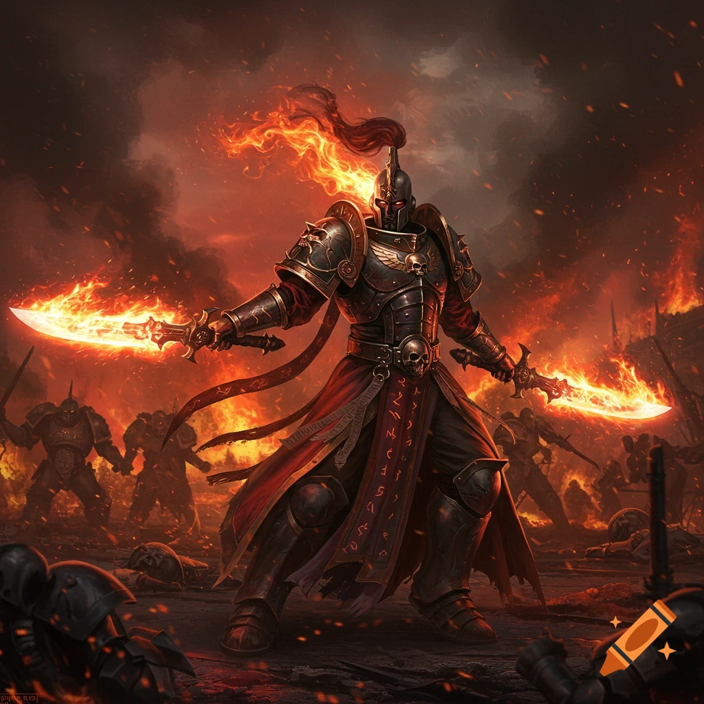 An armored warrior with flaming swords stands on a fiery battlefield with other warriors in the background, dark fantasy art.