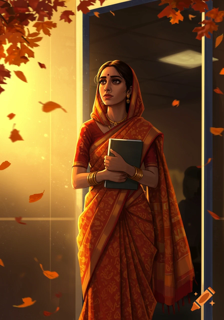 An illustrated portrait of an Indian woman in a red and gold sari, holding a book, with autumn leaves falling around her.