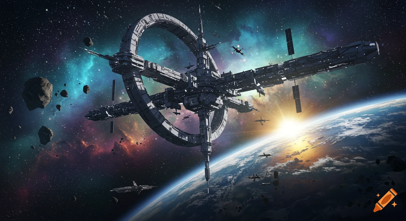 A detailed futuristic space station with ships and asteroids orbits a ...