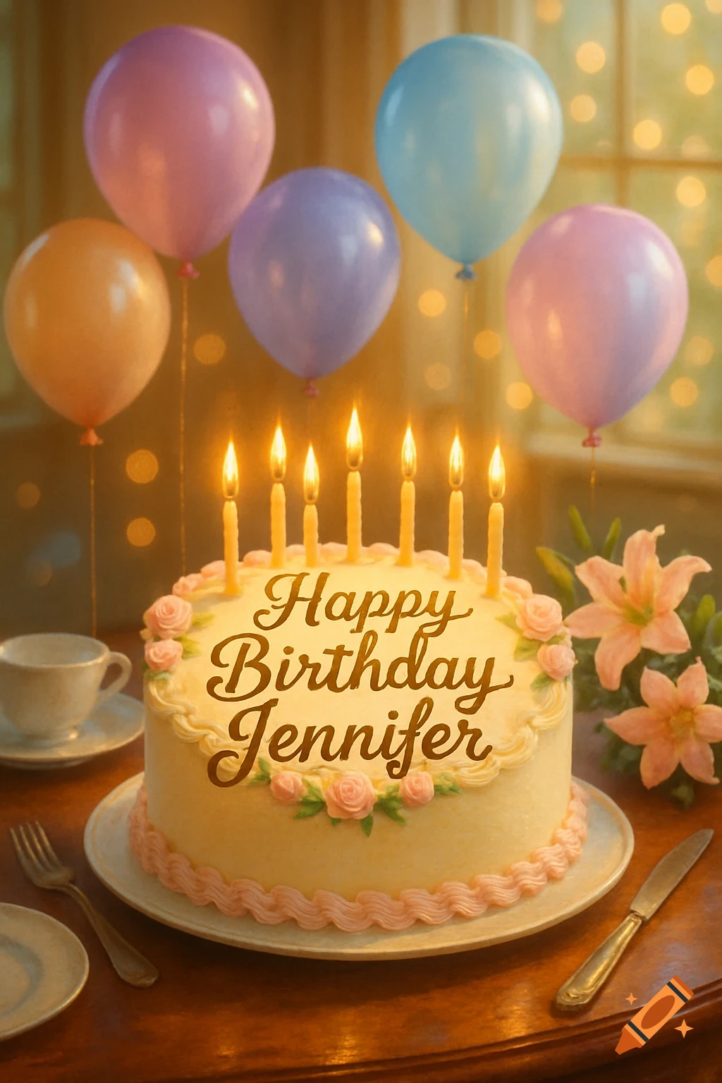 A photorealistic birthday cake with lit candles and "Happy Birthday Jennifer" text, surrounded by pastel balloons and pink lilies.