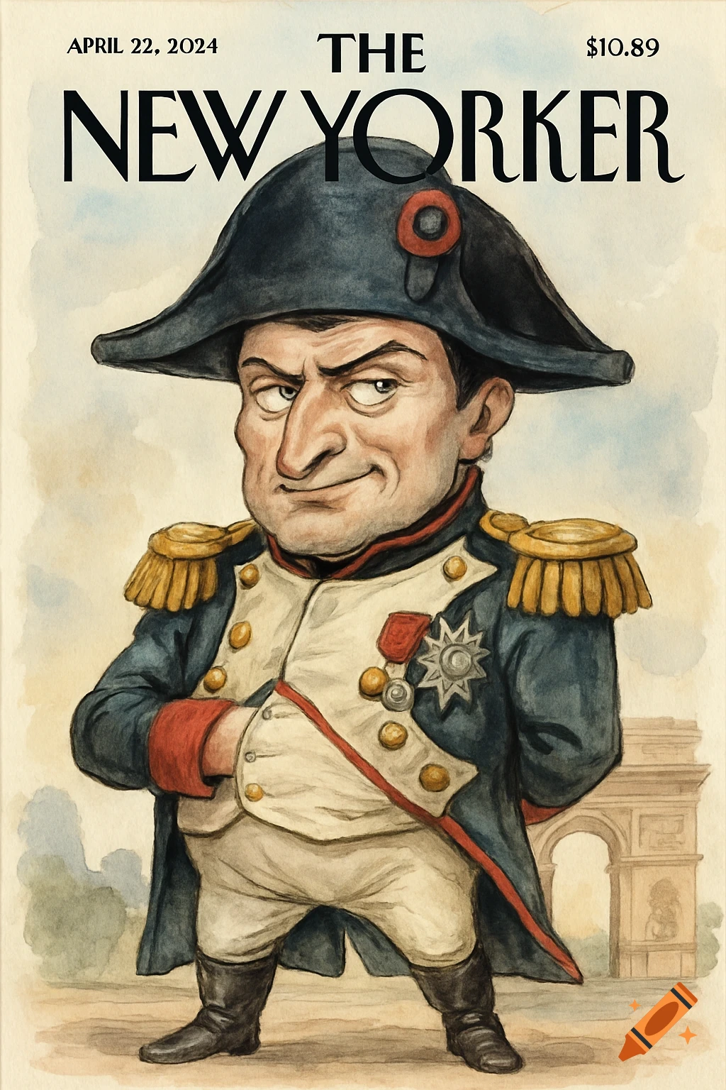 Watercolor caricature of Napoleon Bonaparte on a 'The New Yorker' magazine cover.