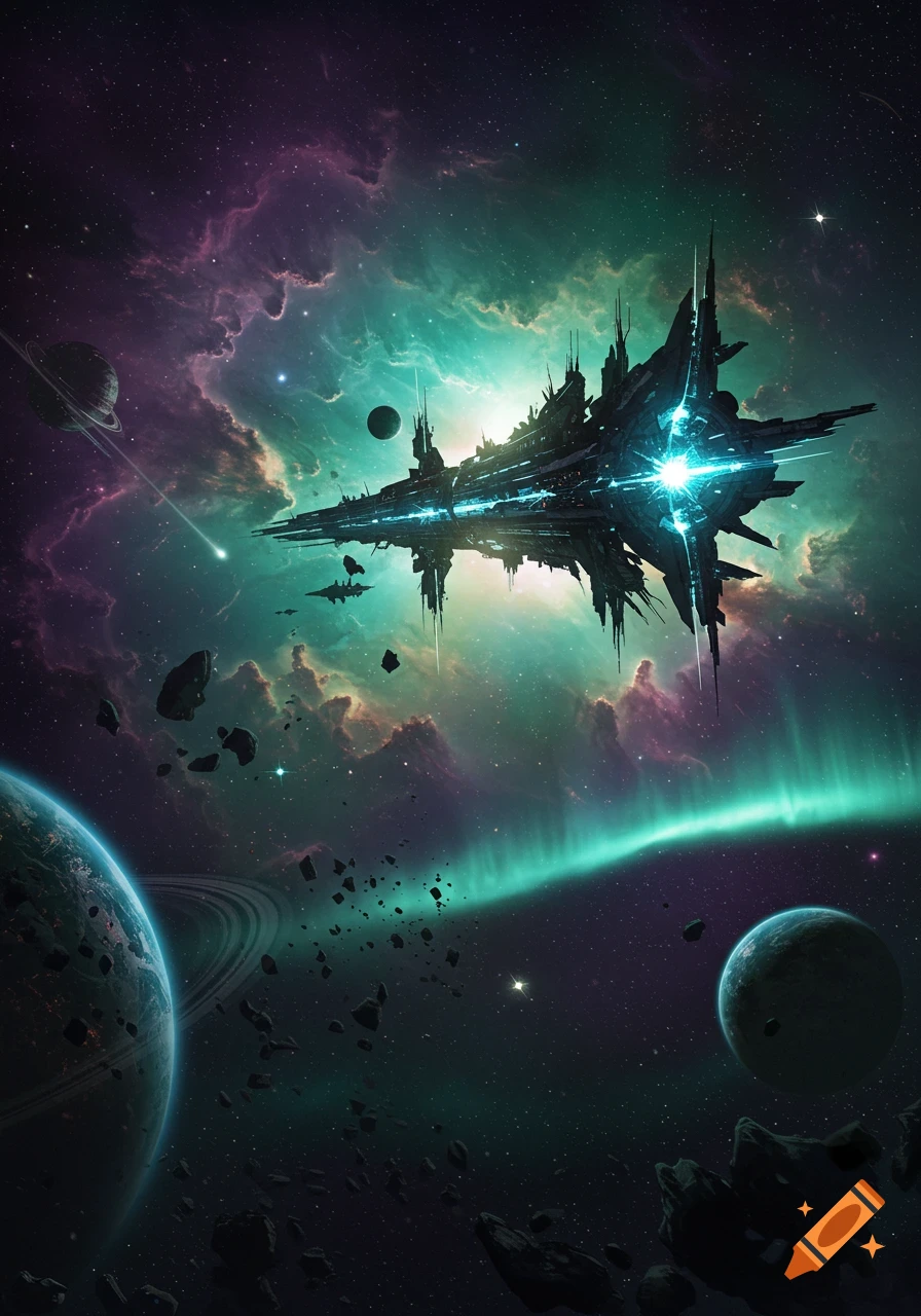 A massive, intricate spaceship with glowing blue lights hovers in a vibrant purple and teal nebula, surrounded by planets, asteroids, and a shooting star.