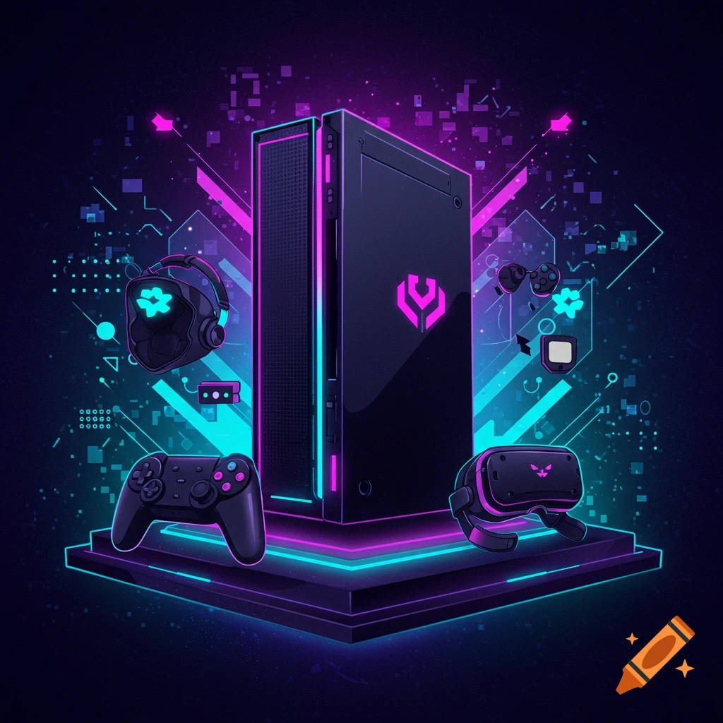 A futuristic vector art illustration of a gaming PC, controller, VR headset, and headphones with neon pink and blue glow.