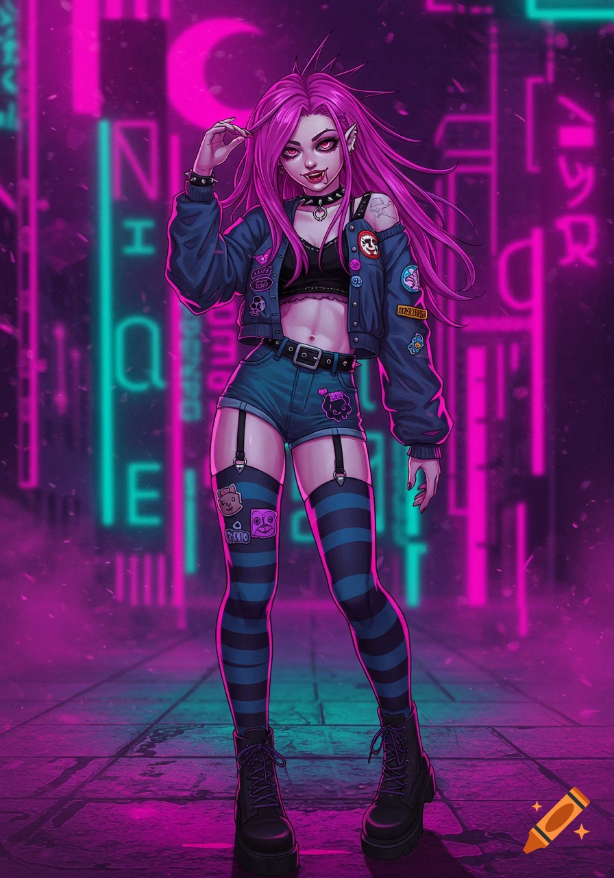 Anime vampire woman with pink hair, punk outfit, striped thigh-high socks, and combat boots, standing against a neon city background.