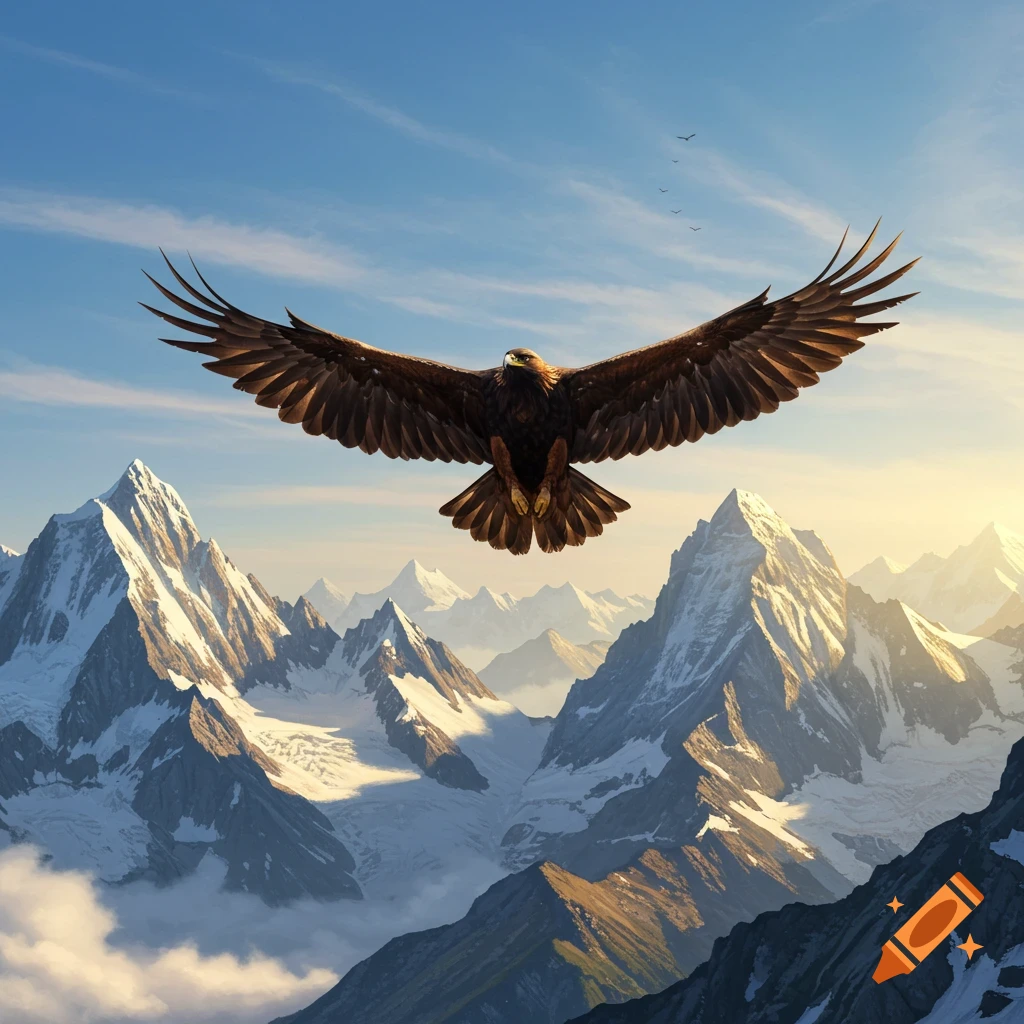 A majestic golden eagle soars with outstretched wings above snow-capped ...
