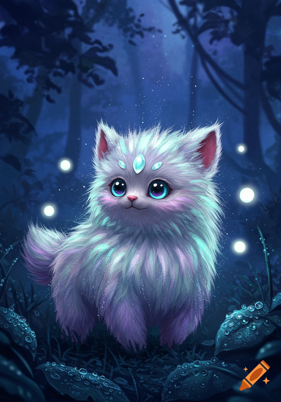 A cute, fluffy white and purple fantasy creature with big blue eyes and glowing gems in a dark, magical forest with floating orbs.