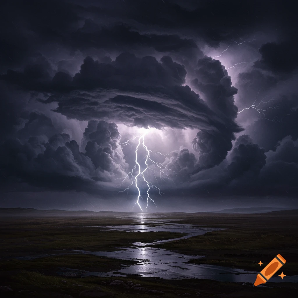 A dramatic lightning bolt strikes into water in a dark, stormy landscape with heavy clouds and rain.