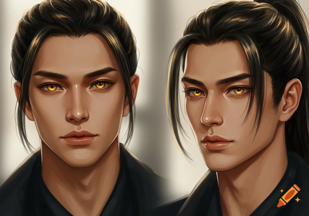 Digital painting of two portraits of a young man with dark hair and ...
