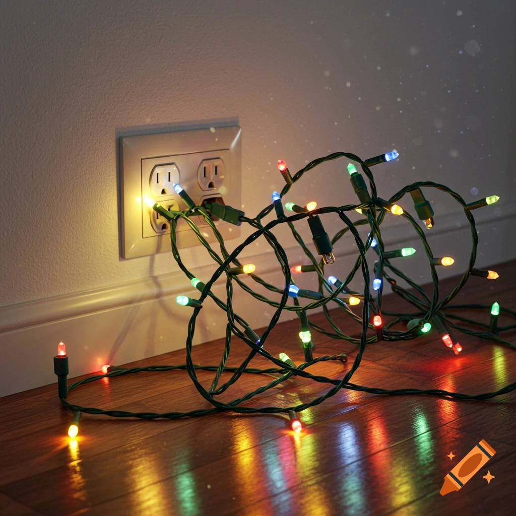 Tangled green Christmas lights with colorful bulbs are plugged into a wall outlet, casting vibrant reflections on a wooden floor.