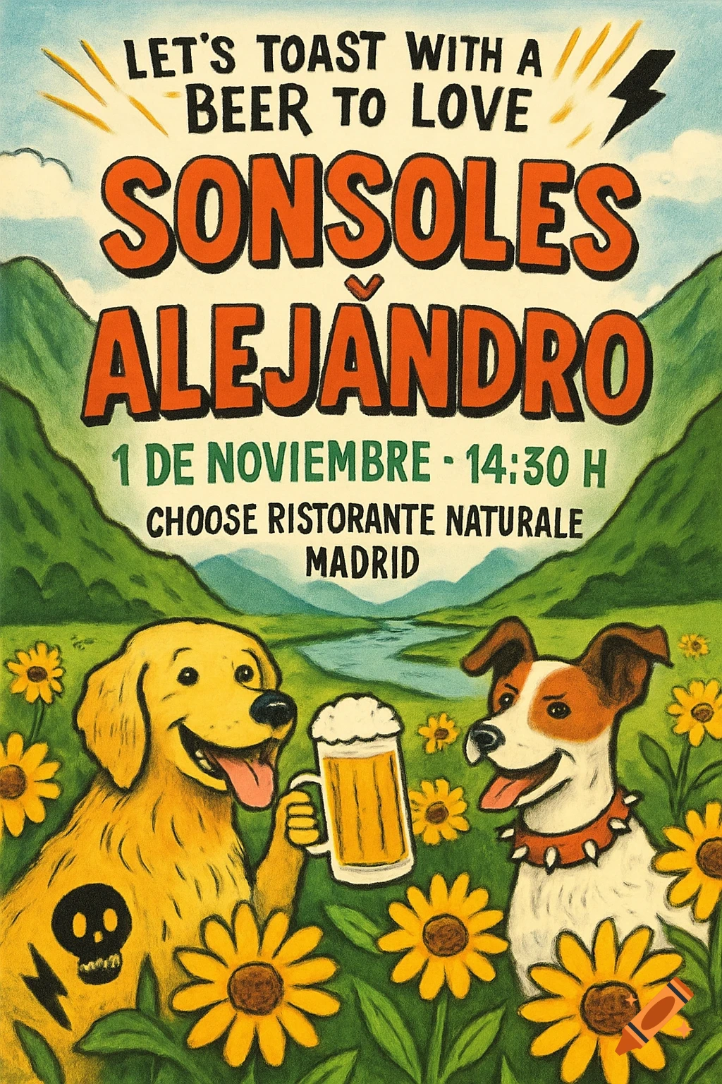 A rustic wedding invitation poster featuring two happy cartoon dogs in a field of yellow sunflowers and green mountains. One dog holds a beer mug. Text reads "LET'S TOAST WITH A BEER TO LOVE SONSOLÉS ALEJANDRO 1 DE NOVIEMBRE - 14:30 H CHOOSE RISTORANTE NATURALE MADRID".