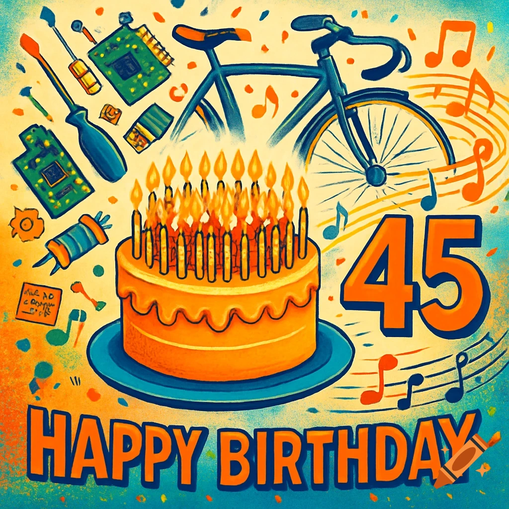 A vibrant birthday card illustration featuring a cake with many lit candles, the number 45, the text 'HAPPY BIRTHDAY', a bicycle, circuit boards, tools, and musical notes.