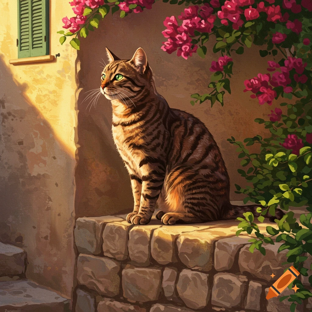 A tabby cat sits on a sunlit stone wall beside a building with green ...