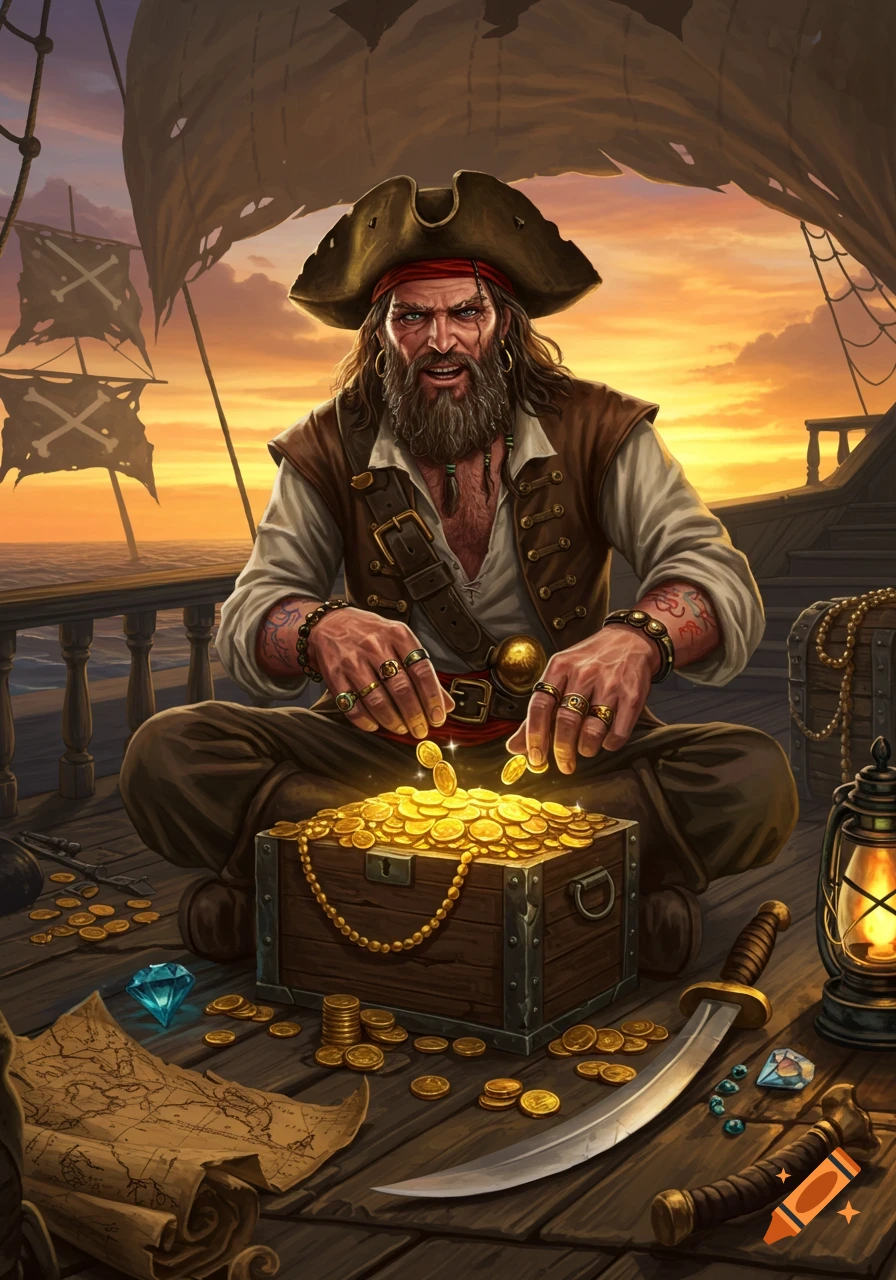 Grizzled pirate counts gold coins from an open treasure chest on a ship deck at sunset, digital illustration.