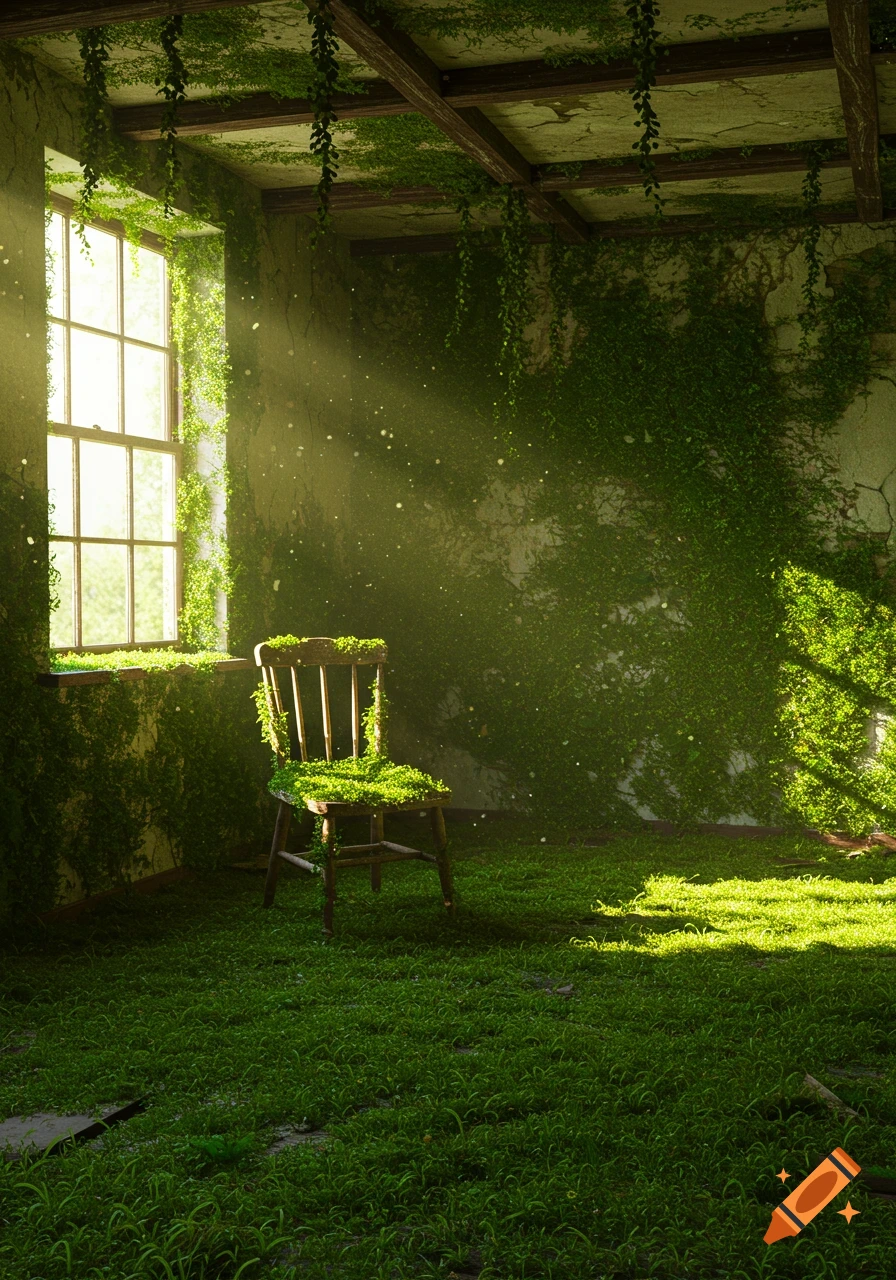 An old, sunlit room completely overgrown with lush green moss and vines. A moss-covered wooden chair sits by a large window.
