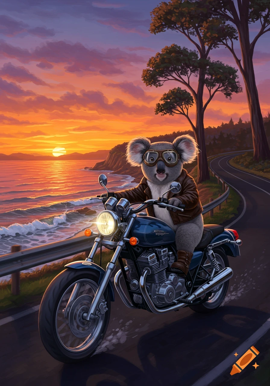 A cartoon koala bear in goggles and a leather jacket rides a blue ...