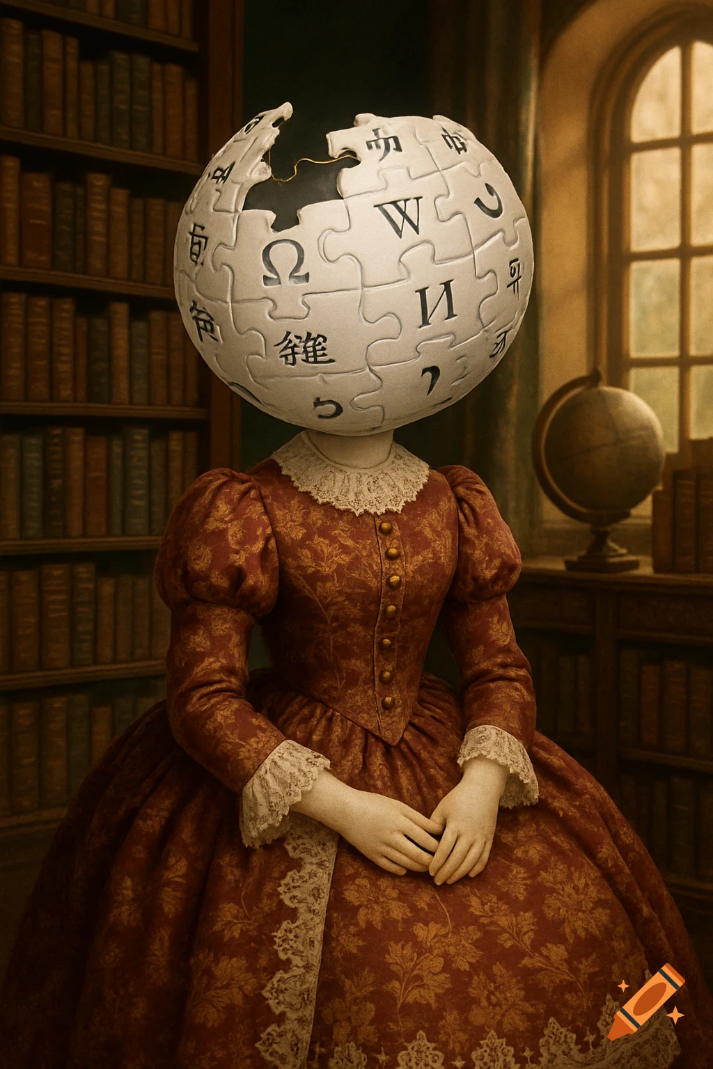A doll in an elaborate red Victorian gown with a Wikipedia puzzle globe for a head, seated in a grand library.
