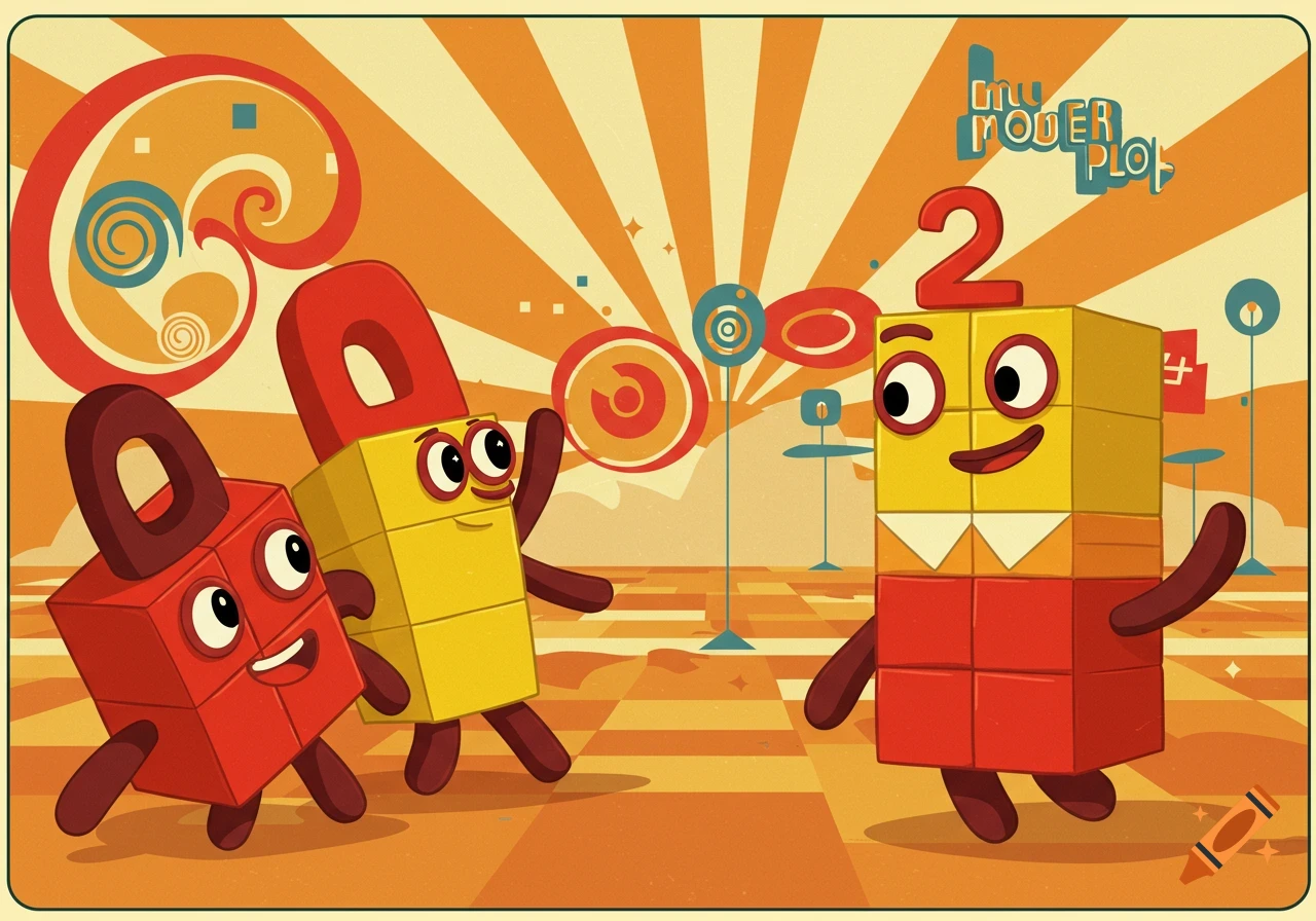 A retro-style cartoon poster featuring three block characters from Numberblocks, one with a '2' on its head, against a sunburst background.
