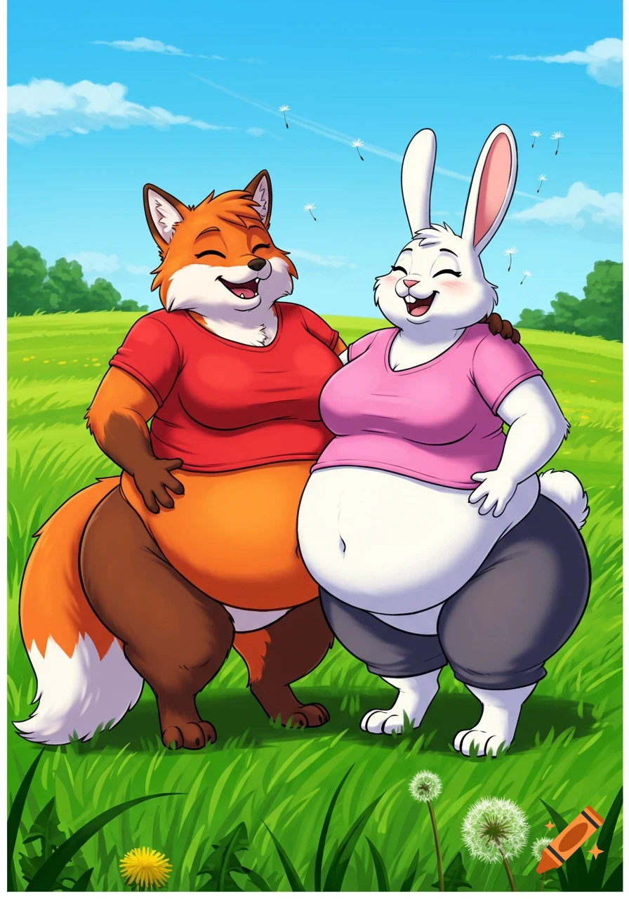 A fat cartoon female fox in red and a fat cartoon female rabbit in pink laugh in a grassy field with dandelions under a blue sky.