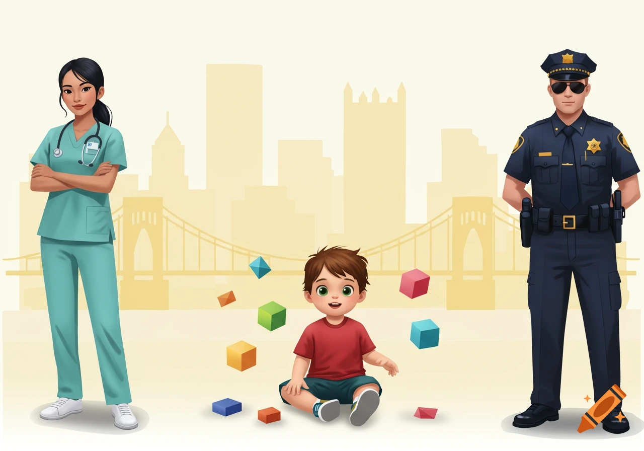 A vector illustration of a female nurse, a sitting child with colorful blocks, and a male police officer, with a city skyline in the background.