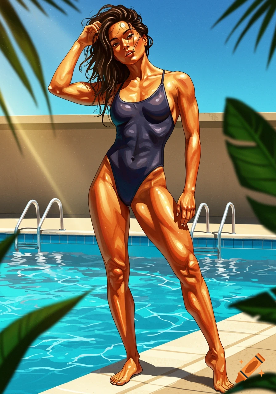 Illustrated tanned woman in a dark one-piece swimsuit posing by a swimming pool on a sunny day.