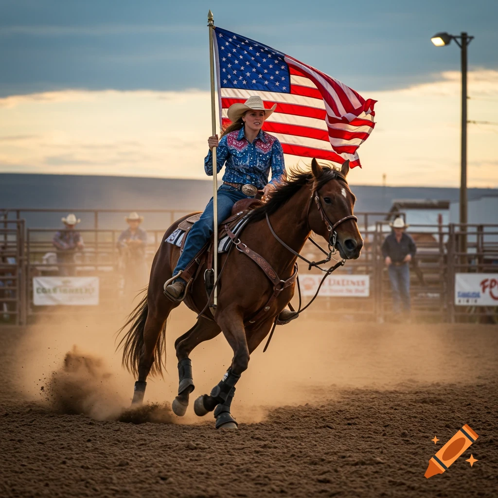 A cowgirl on a brown horse gallops in a dusty rodeo arena, proudly holding a waving American flag against a sunset sky.