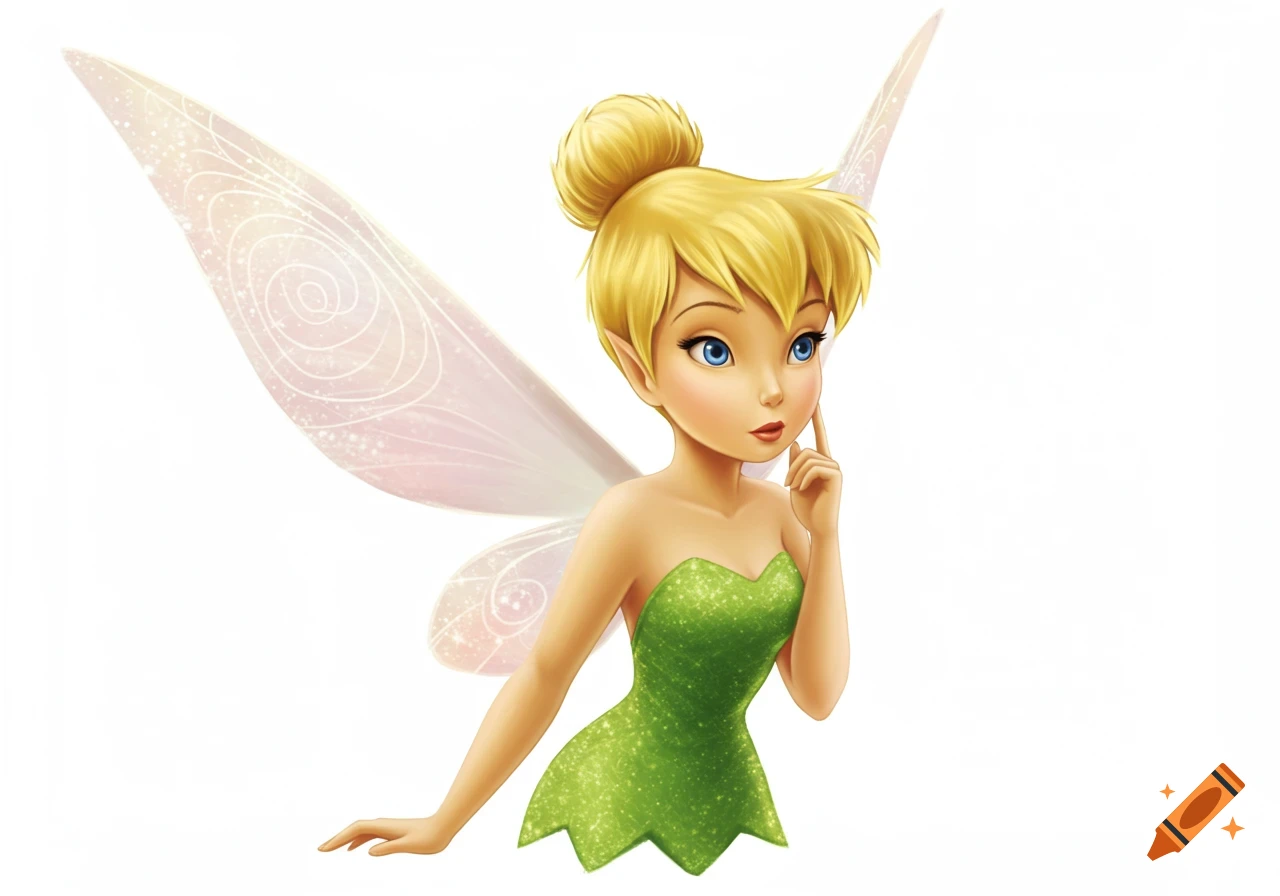 A cartoon illustration of Tinkerbell with blonde hair in a bun, blue eyes, and translucent wings, wearing a green glittery dress.