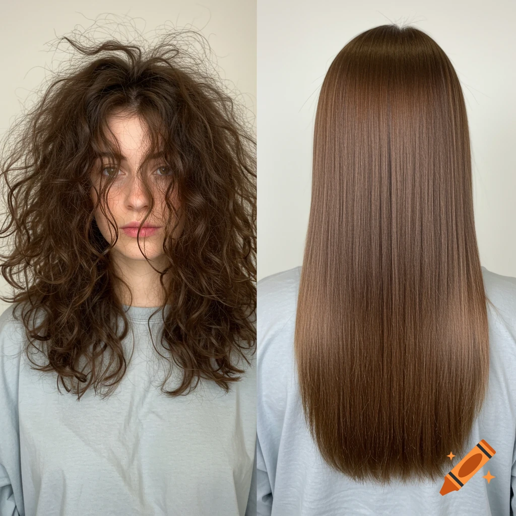 A split image shows a woman with messy, curly brown hair looking at the camera on the left, and on the right, her back view with smooth, straight, and shiny brown hair.