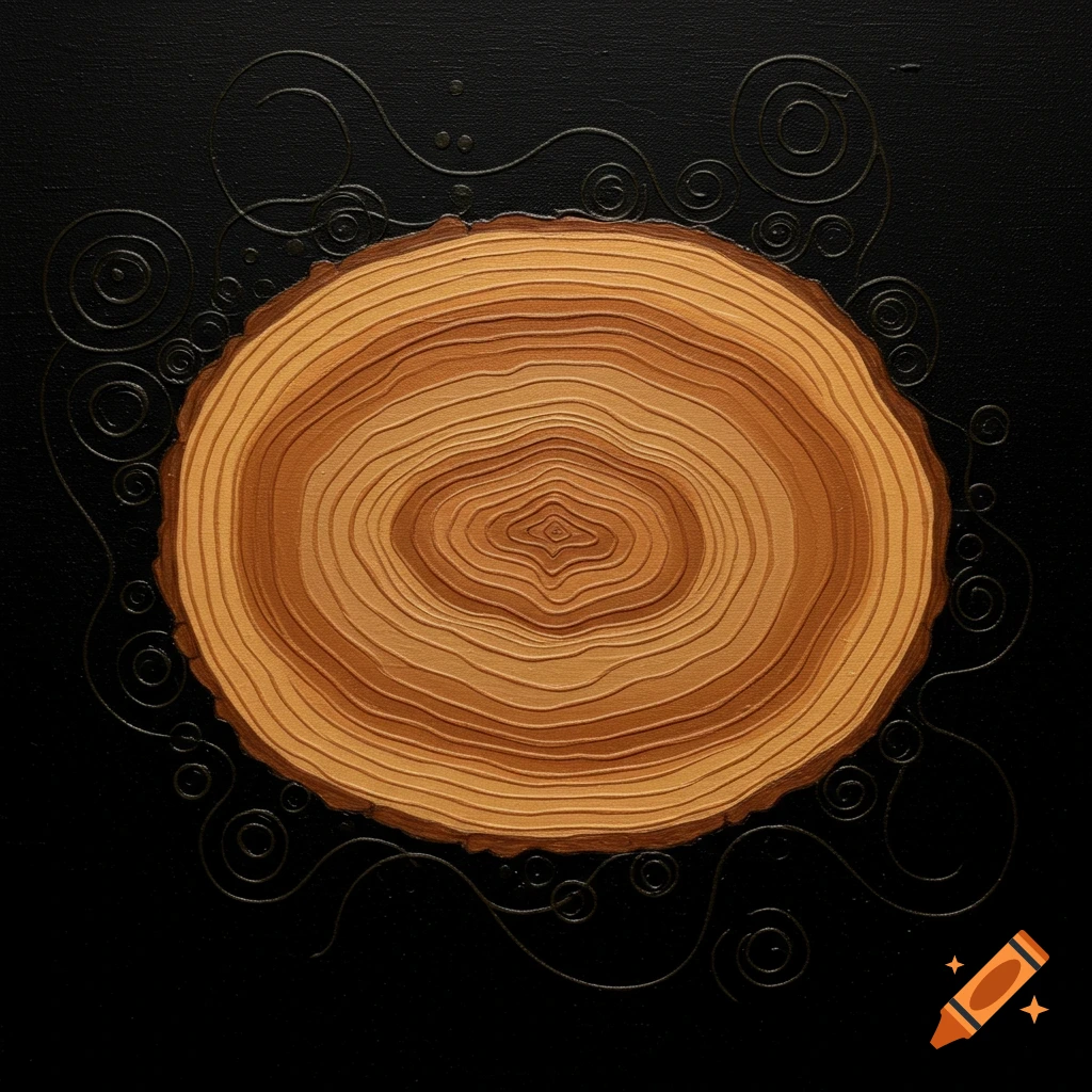 An oval wood cross-section with concentric rings in shades of brown against a black background with embossed swirling patterns.