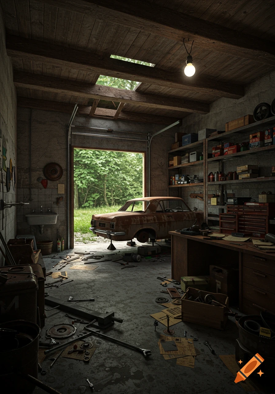 A photorealistic, cluttered automotive workshop with a rusted car on jacks, scattered tools, and shelves. An open door reveals a forest.