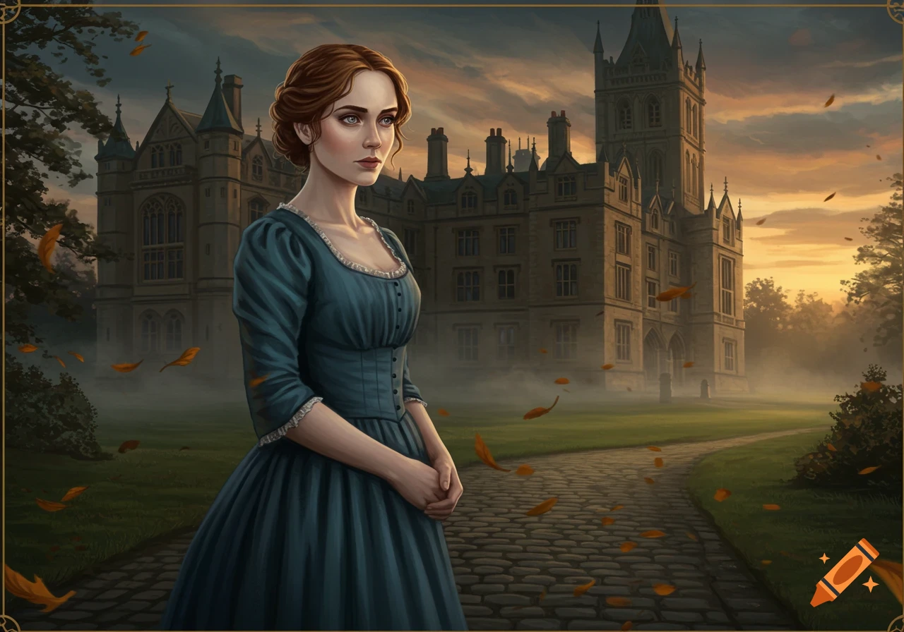 A detailed illustration of a woman in a teal historical dress standing before a grand manor at sunset with falling autumn leaves.