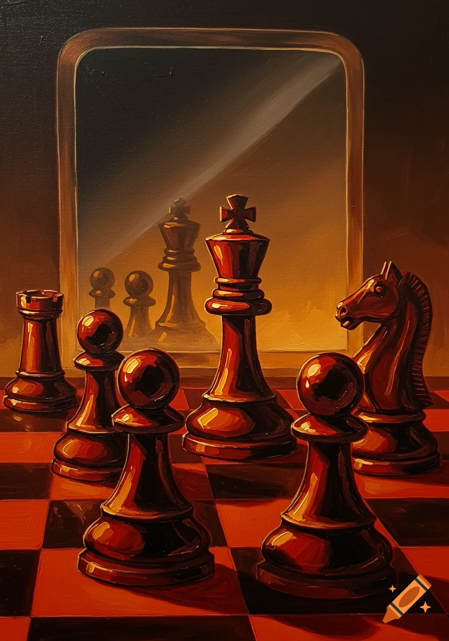 Art deco painting of red and black chess pieces on a board, with a king reflecting as a pawn and a pawn reflecting as a king in a distorted mirror.