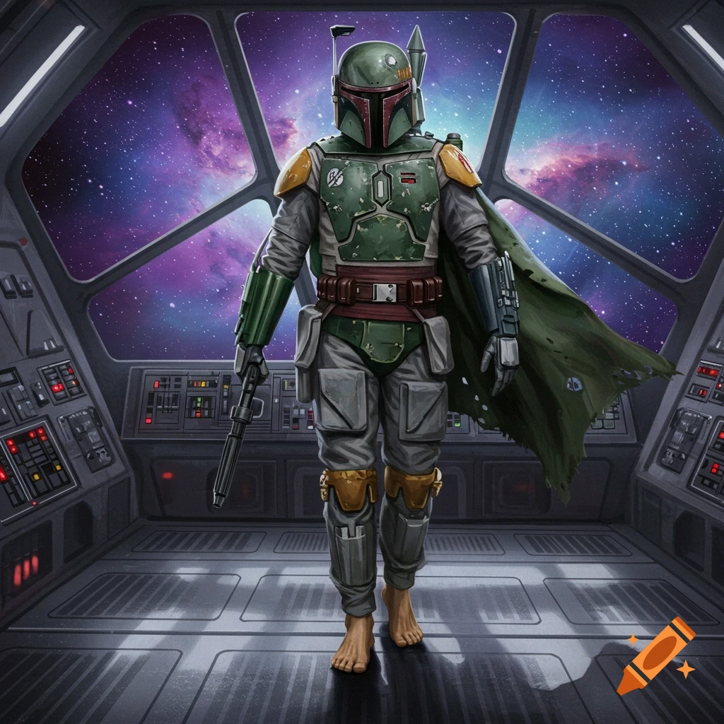Boba Fett in his iconic suit, barefoot and holding a rifle, stands in a spaceship cockpit overlooking a colorful nebula in space. Digital art.