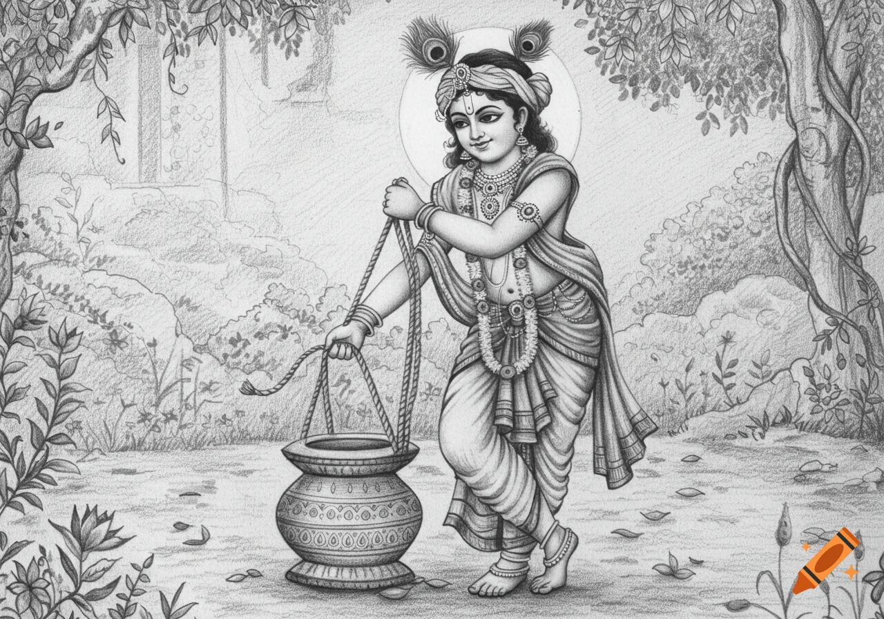 A detailed black and white pencil sketch of young Lord Krishna, adorned with jewels and peacock feathers, pulling ropes attached to a decorative pot in a lush forest setting.