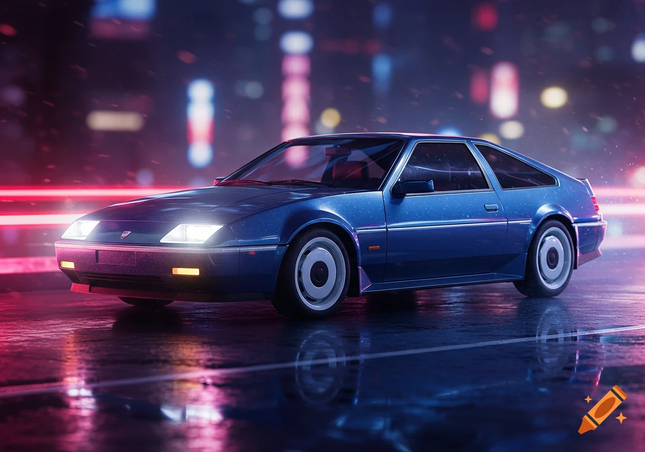 A futuristic blue sports car with bright headlights on a wet, neon-lit city street at night, reflecting vibrant colors.