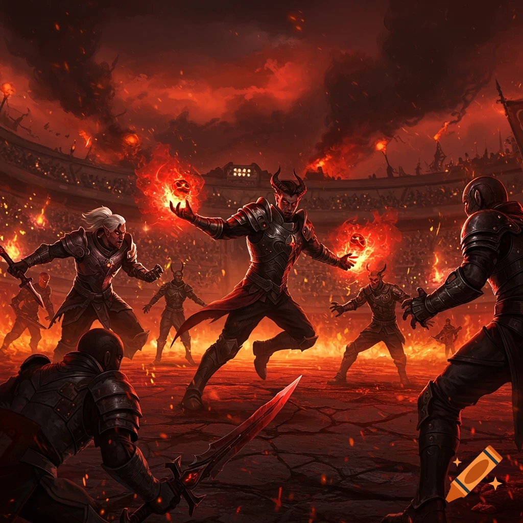 Horned warriors battle with fire magic and swords in a fiery arena under a red, smoke-filled sky.