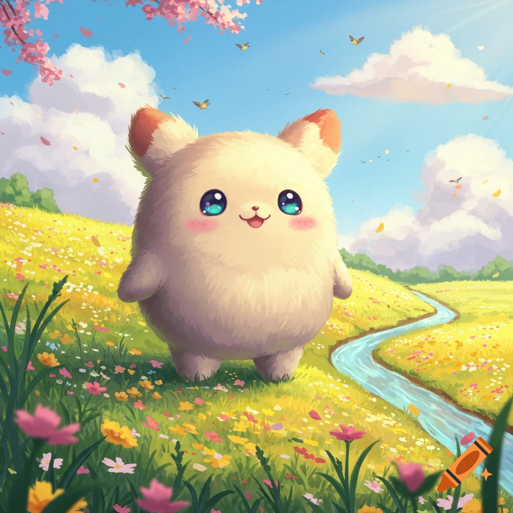 A fluffy, light-colored, round creature with big blue eyes and pink cheeks smiles in a vibrant field of wildflowers, with a stream and cherry blossoms under a blue sky.