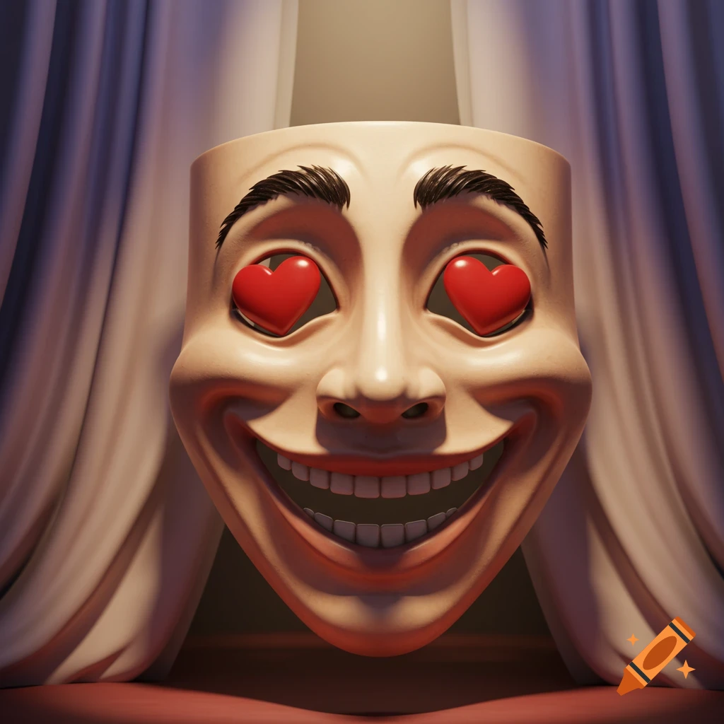 A theatrical mask with an exaggerated joyful expression, heart-shaped eyes, raised eyebrows, and a wide smile, framed by curtains.
