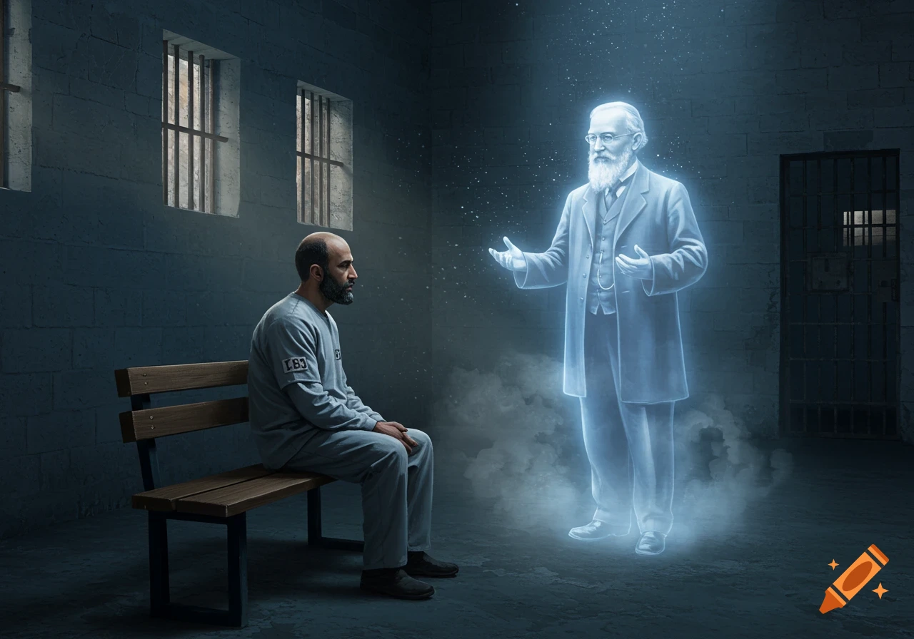 A man in a prison uniform sits on a bench in a dim cell, looking at a glowing, ghostly figure of an old bearded man in a suit.