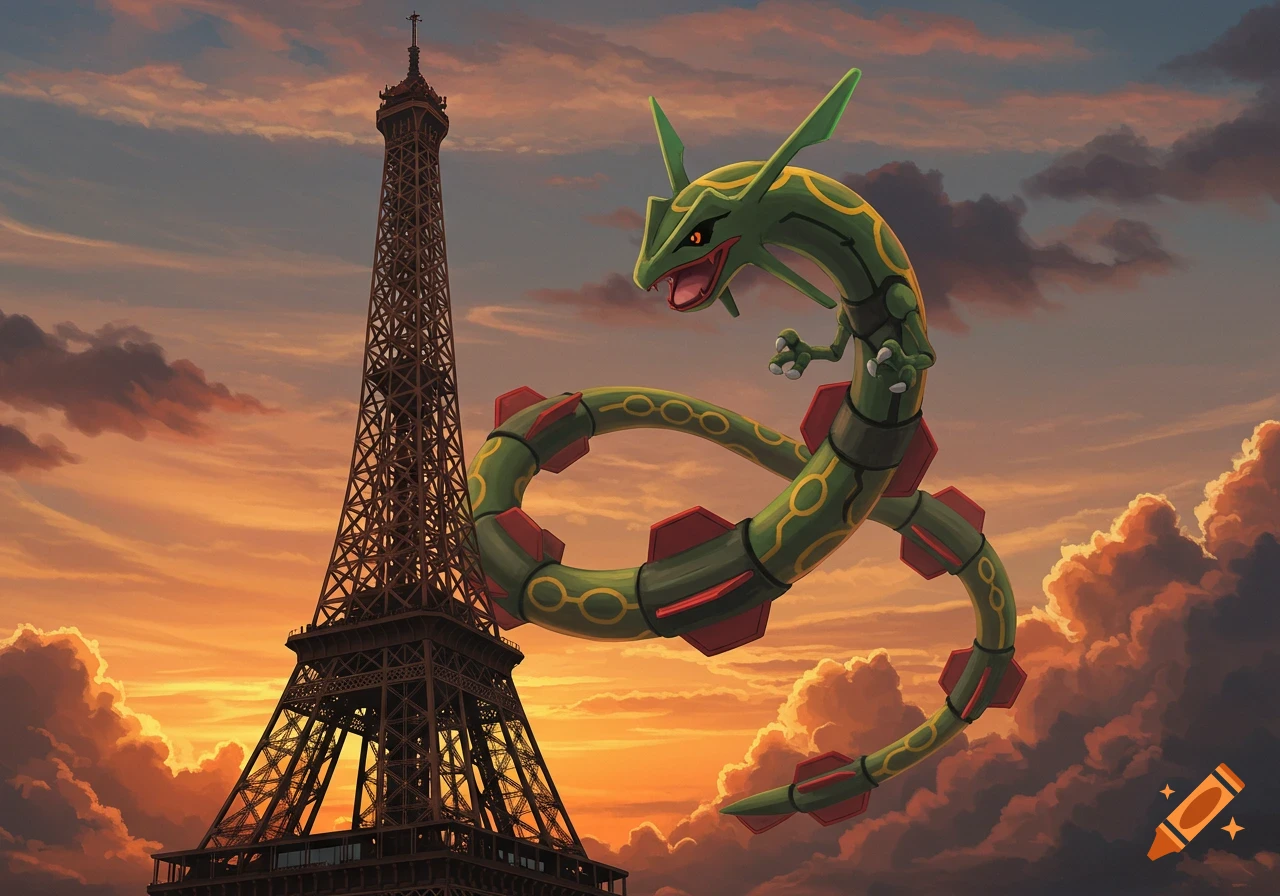 A green serpentine Rayquaza Pokemon flies beside the Eiffel Tower against an orange and purple sunset sky, in a digital art style.