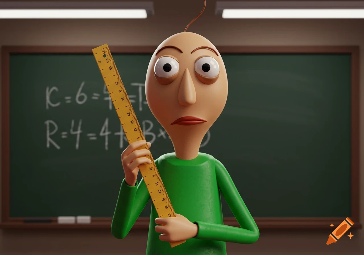 A 3D animated character resembling Baldi, a bald man with wide eyes and a green shirt, holds a yellow ruler in a classroom with a blackboard.
