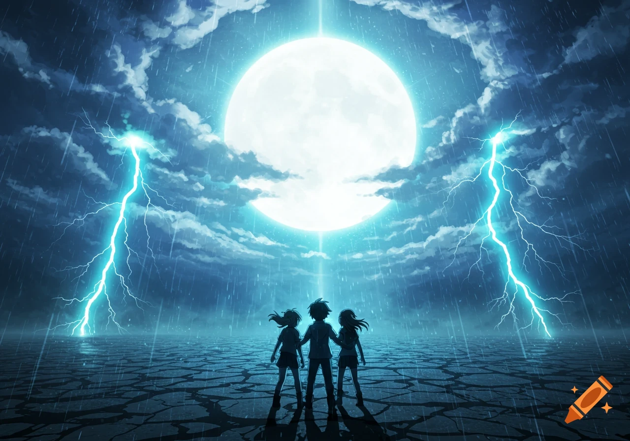 Anime drawing of three silhouetted teenagers standing on cracked ground under a giant full moon, with heavy rain and lightning.
