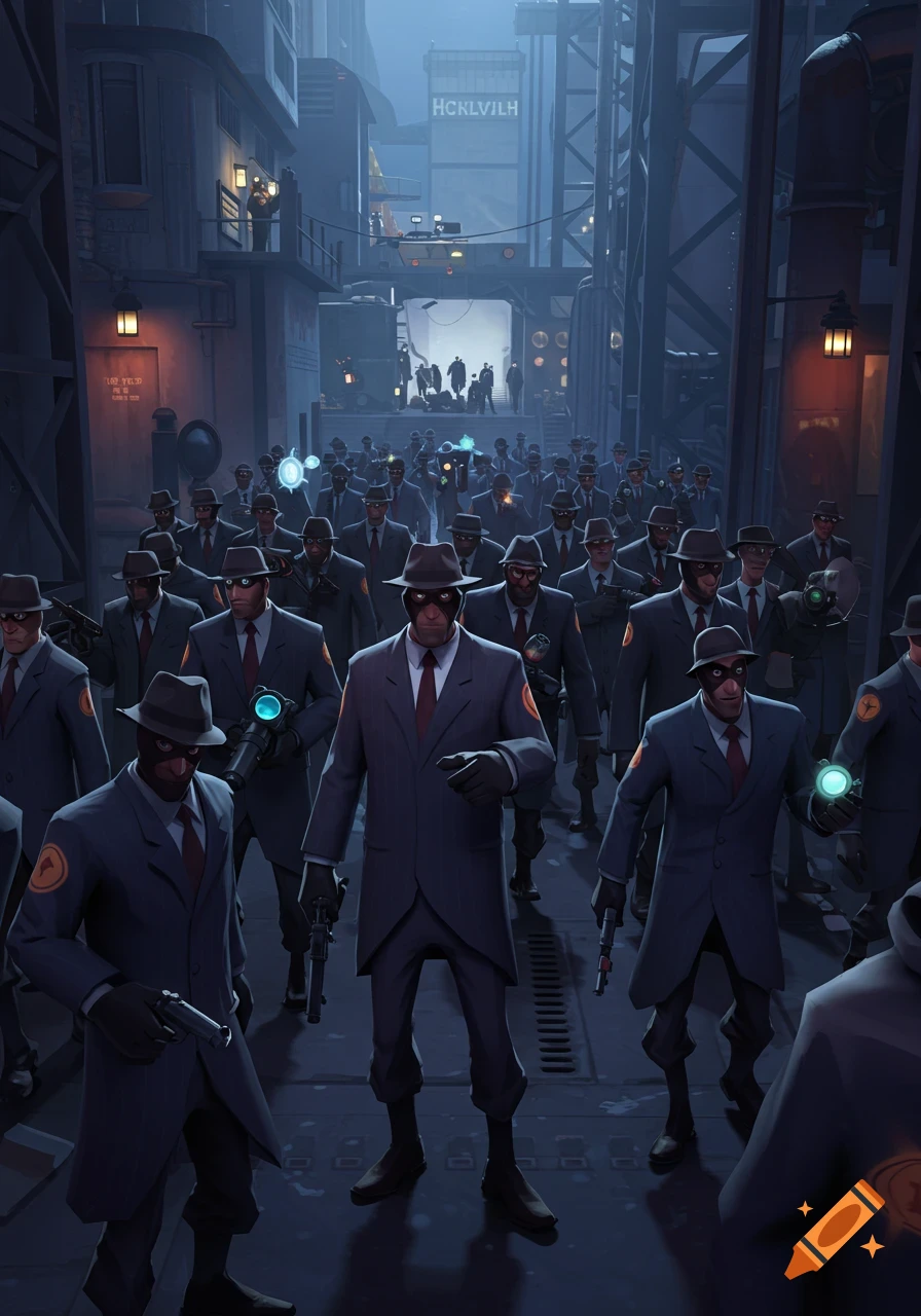 A large group of Team Fortress 2 Spies in suits and fedoras march down a dark, stylized urban alley at night, carrying weapons.