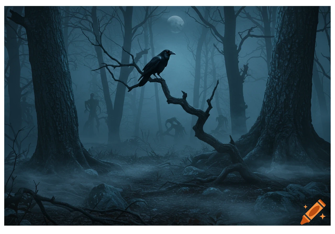 A black raven perches on a bare, twisted branch in a dark, misty forest ...