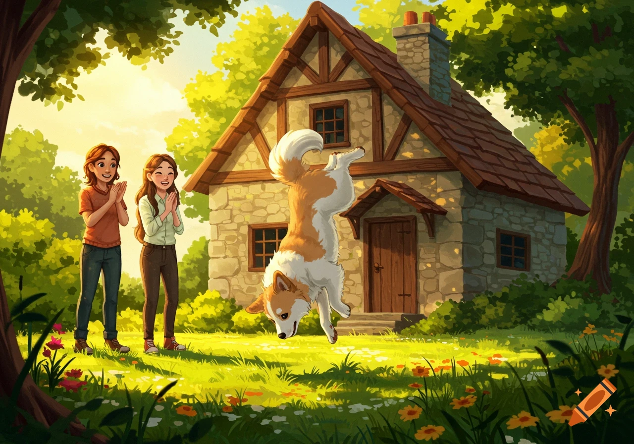 Two people smiling as a corgi does a backflip in front of a stone and wood house with trees and flowers, cartoon style.