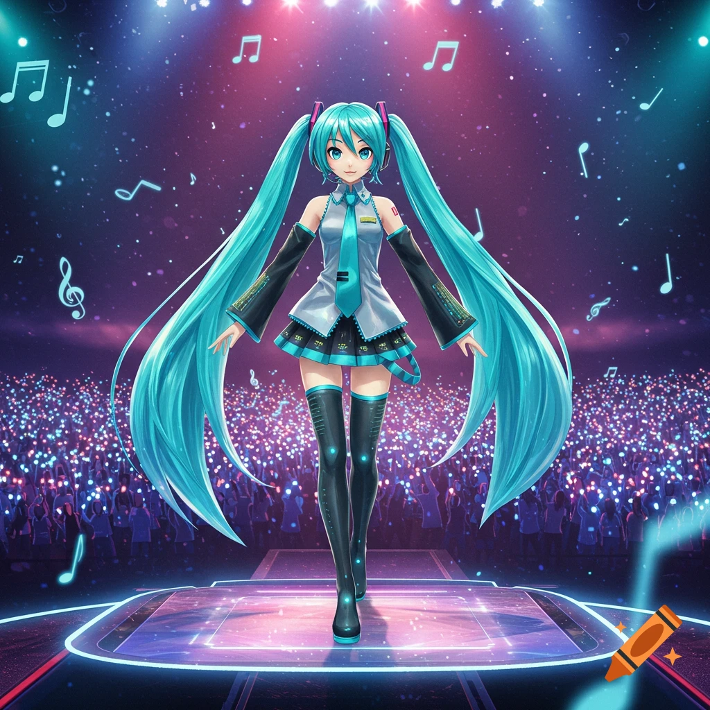 Hatsune Miku, an anime character with long turquoise pigtails, stands on a neon-lit stage before a glowing crowd at a concert.