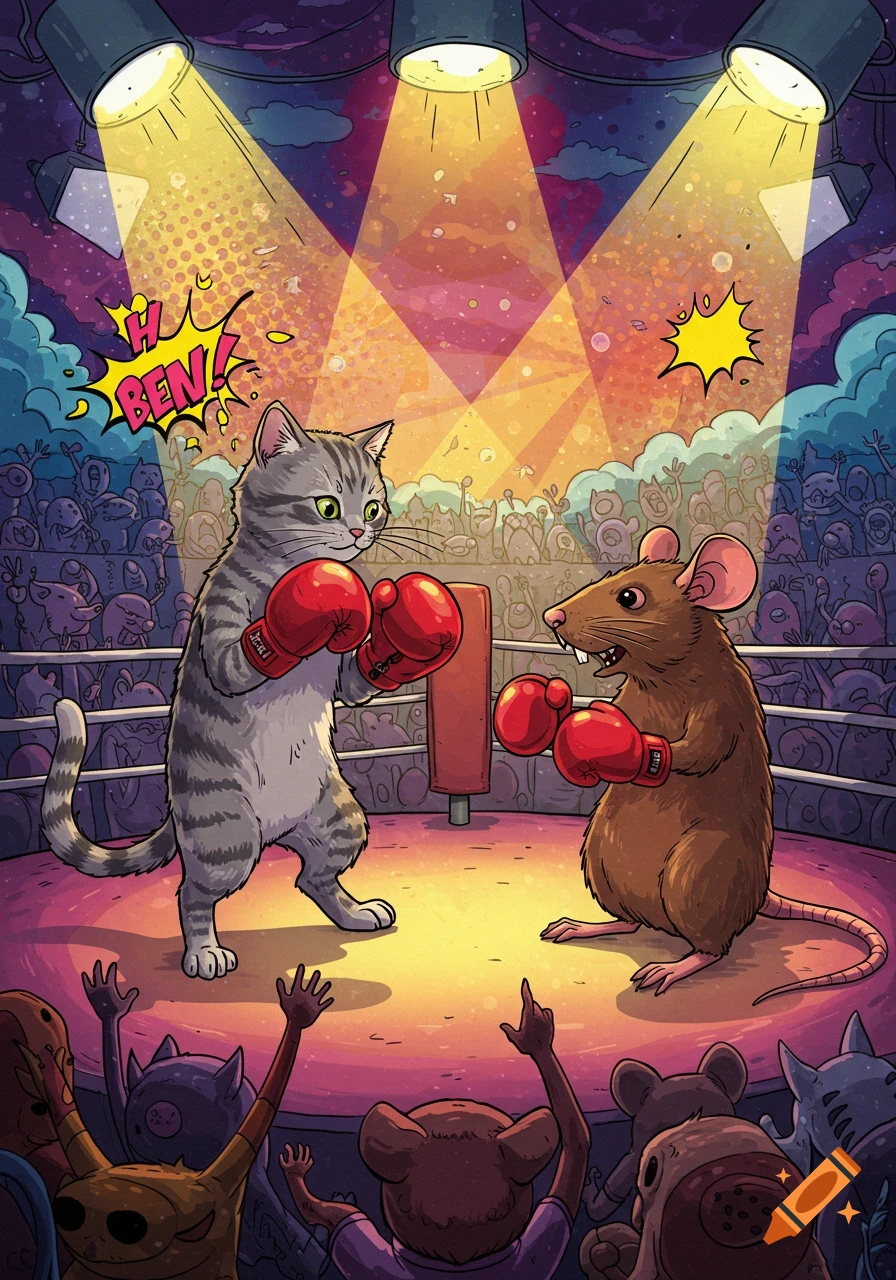 A whimsical drawing of a grey cat and a brown rat in red boxing gloves ...
